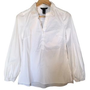 White House Black Market Half Way Button White Long Sleeve Collar Top. Size 0
